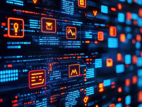 Malicious code being blocked by a firewall, digital interface with warning signs, firewall, cybersecurity threat