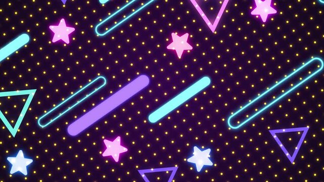 Abstract retro style 90's design memphis vintage background. Geometrical shapes. Bright glowing neon lights. Party concept