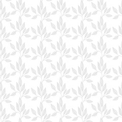 A seamless pattern of delicate leaves in a light gray color on a white background, suitable for design projects.