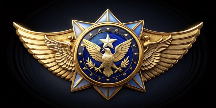 Golden badge with blue and white colors, featuring a stylized eagle and stars, symbolizing law enforcement and