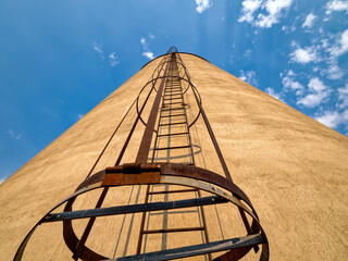 The rusty cage ladder ascends to the top of a concrete bin at a rural grain elevator © davidrh