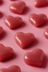 Fototapeta premium Red Hearts on Pink Surface