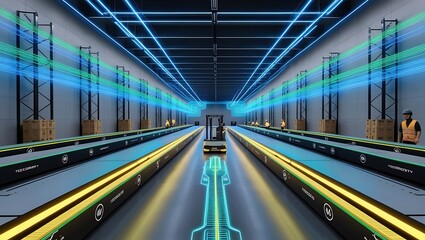 Obraz premium ogistics network distribution and transportation, Smart logistics, Innovation future of transportation on large warehouse center