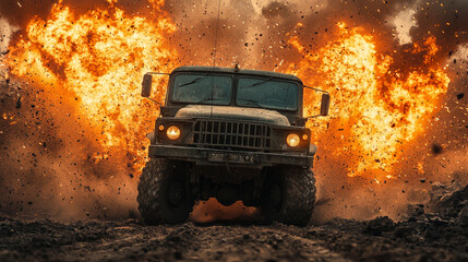 A military truck drives through a fiery explosion.