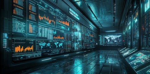 A futuristic hallway lined with glowing screens displaying data, charts, and maps.