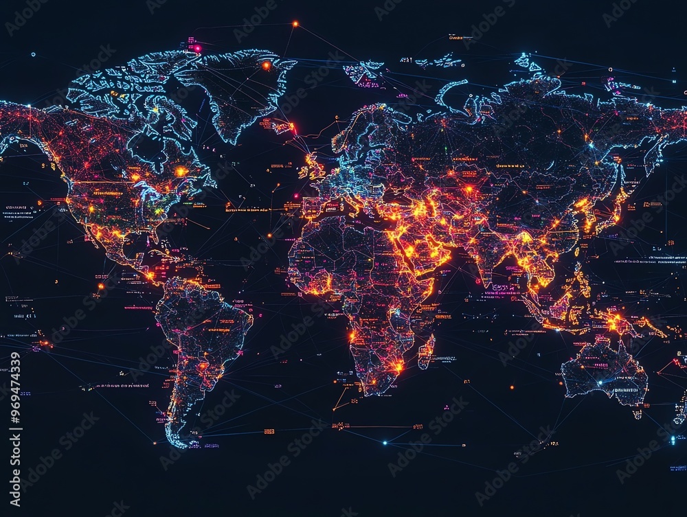 Poster a futuristic map of the world with glowing lines and dots connecting continents and countries, repre