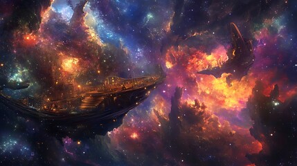 Naklejka premium Celestial Artistry - Floating Gallery in Space with Stars and Nebulae