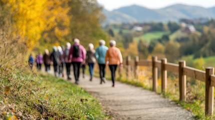 Senior group participating in a walking program along a scenic trail, wellness focus, elderly walking wellness, active aging