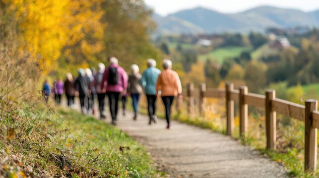 Senior group participating in a walking program along a scenic trail, wellness focus, elderly walking wellness, active aging