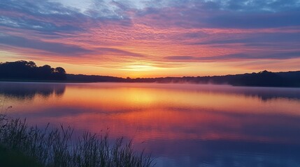 Fototapeta premium A beautiful sunrise sky over a calm lake, with the first light of day reflecting on the water's surface.