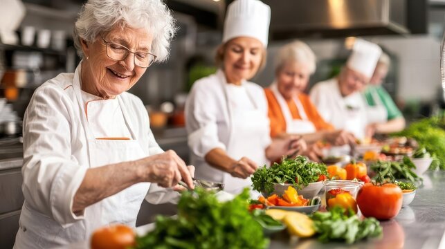 Senior group participating in a healthy cooking class as part of a wellness initiative, elderly healthy cooking program, nutrition and wellness