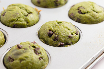 A Pan of a Dozen Spinach Green Chocolate Chip Mini Muffins