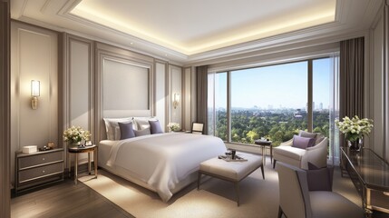 Fototapeta premium This elegant bedroom showcases a sleek white headboard, soft beige linens, and gentle lighting from lamps, creating a calming atmosphere complemented by plants and a plush white carpet