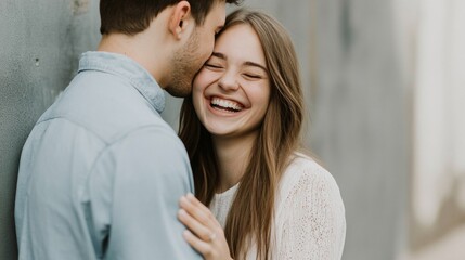 Fototapeta premium joyful moment between two people, where one is laughing heartily while the other is close and affectionate. The warm lighting and natural background add to the feeling of happiness and connection.