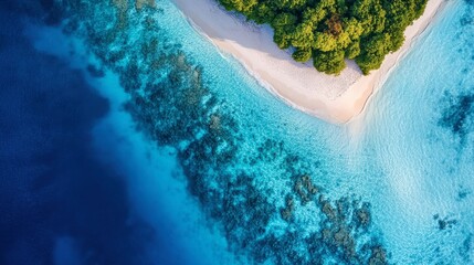 A bird's-eye view of a pristine blue lagoon, with sandbanks and coral reefs visible beneath the water.