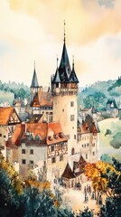 Obraz premium A picturesque medieval castle surrounded by lush greenery, capturing the essence of a fairytale landscape at sunset.