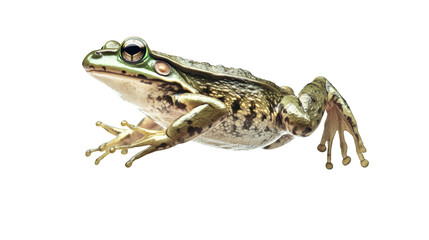 Fototapeta premium A vibrant frog with striking green and brown patterns is captured mid leap, showcasing its unique features and lively expression. This image highlights beauty of amphibians in nature. 