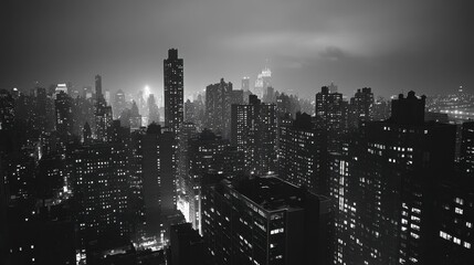 A black and white photograph of a city skyline at dusk, with lights beginning to twinkle.