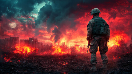 Naklejka premium Soldier stands amidst burning city, a fiery sky above.