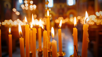 Background orange candles easter burn in orthodox temples.	
