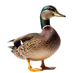 Obraz premium A vibrant mallard duck stands gracefully, showcasing its striking green head and intricate feather patterns. This image captures essence of natures beauty and wildlife. 
