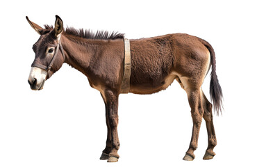 A brown donkey stands gracefully, showcasing its strong build and gentle demeanor. animals fur is textured and rich, highlighting its natural beauty and calm presence. 