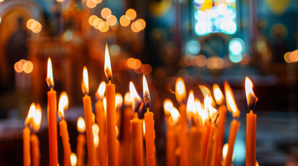 Background orange candles easter burn in orthodox temples.	
