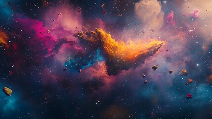 Fototapeta premium Infinite Creativity: Art Piece Floating in Cosmic Void Surrounded by Nebulae and Vibrant Textures