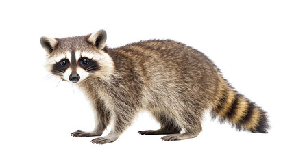 Fototapeta premium Raccoon standing on all fours, showcasing its distinctive facial markings and bushy tail. This curious creature embodies playful spirit and is often found in urban areas. 