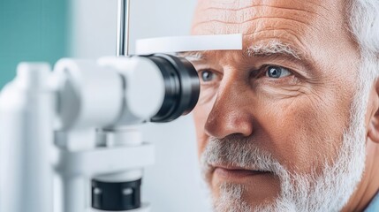 Senior man getting a vision test at a public health screening event, elderly vision screening, preventive eye care
