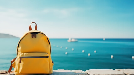 Hipster tourist yellow backpack against blue sea ocean hon sand beach, blurred panoramic seascape blank, traveler relax holiday concept, sunlight view in trip vacation