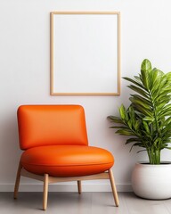 A vibrant orange chair complements a minimalist room with a blank frame and green plant, creating a modern, inviting atmosphere.