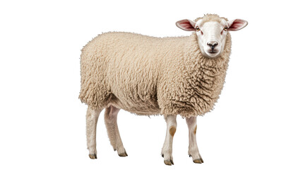 Fototapeta premium Fluffy sheep standing on black background, showcasing its thick wool and gentle expression. This image captures essence of farm life and beauty of livestock. 