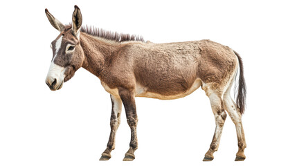 Fototapeta premium A brown donkey stands gracefully, showcasing its strong build and distinctive features. Its fur is textured and well groomed, reflecting serene and calm demeanor. 