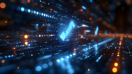 Abstract digital design with glowing blue and orange elements, representing technology and data flow.