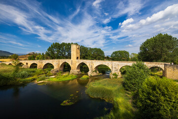 stone bridge over Ebro river in Frias, Burgos province, Castilla Leon, Spain