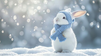 Obraz premium cute fluffy bunny in knitted hat, scarf and mittens on snow, christmas card
