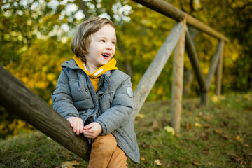 Cute little boy playing outdoors on sunny autumn day. Child exploring nature. Fall activities for kids.