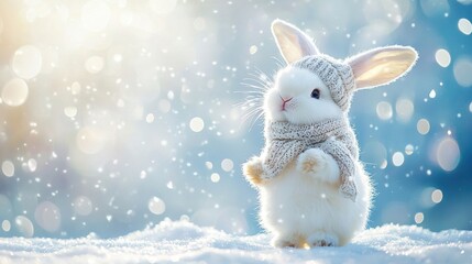 cute fluffy bunny in knitted hat, scarf and mittens on snow, christmas card