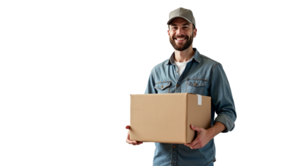 Smiling man in yellow shirt carrying cardboard boxes on transparent background, delivery boy png, Home delivery concept, young delivery boy