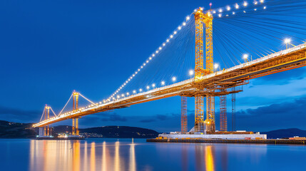 Fototapeta premium an imposing suspension bridge under construction, with cranes and scaffolding visible