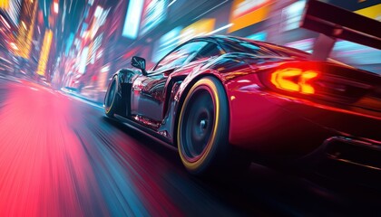 Fast Racing Car Driving at High Speed Along the Street with Blurred Neon Lights – Evening Race Concept of Motorsport