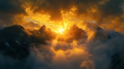 Fototapeta premium A breathtaking sunrise over a mountain range, with golden rays of light piercing through the clouds and illuminating the peaks.