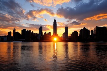Obraz premium Manhattan sunset over the Hudson River, with the silhouette of the city skyline glowing in warm, fading light