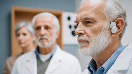 Senior man undergoing a hearing test in a clinic, early detection focus, elderly hearing screening, preventive care