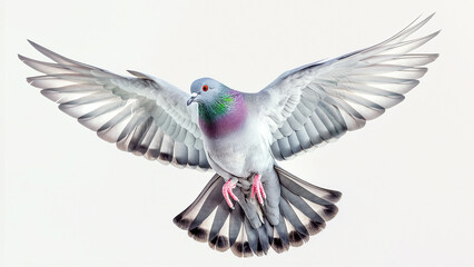 Fototapeta premium Pigeon in mid-flight with wings spread, symbolizing freedom and peace on a white background.