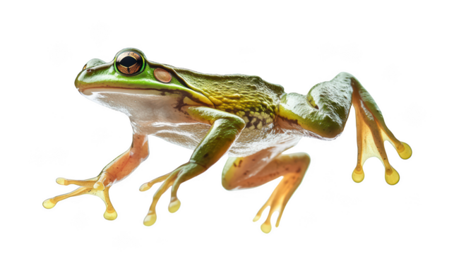 A vibrant green frog with striking features and webbed feet, poised gracefully against black background. Its glossy skin and bright eyes create captivating image of natures beauty. 