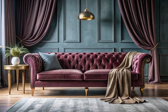 Luxurious and velvety soft cauch, also known as velvet fabric, drapes elegantly over a modern sofa, exuding
