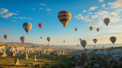 Naklejka premium A bright blue sky dotted with hot air balloons in various colors, floating gracefully above the landscape.