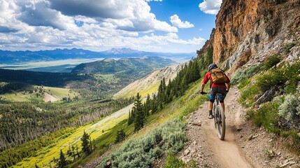 Fototapeta premium A mountain biker riding along a trail that hugs the side of a steep mountain with views of the valley below